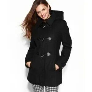Calvin Klein Black Hooded Toggle Wool Blend Pea Coat Size Small